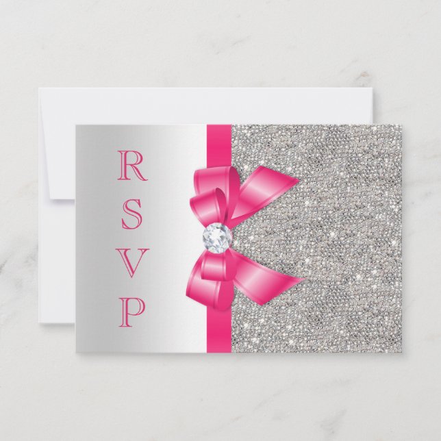 Hot Pink Faux Bow & Diamonds RSVP Card (Front)
