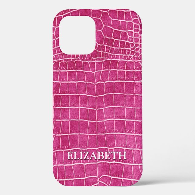 Hot Pink Faux Crocodile Leather Personalised Name Case-Mate iPhone Case (Back)
