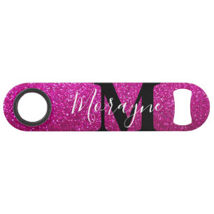 Hot Pink Faux Glitter Black White Monogram Name