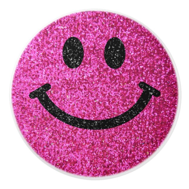 Hot pink faux glitter Happy face Ceramic Knob (Front)