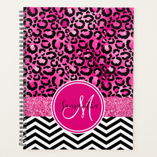 Hot Pink Faux Glitter Leopard Print Monogram Planner (Front)