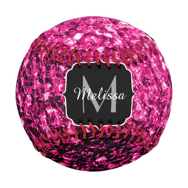 Hot pink faux glitter sparkle Monogram name Baseball (Front)