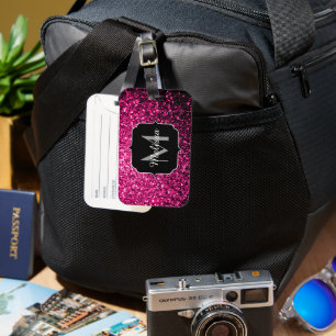 Hot pink faux glitter sparkles Monogram Luggage Tag