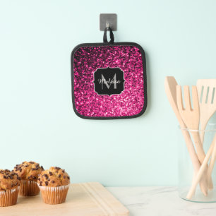 Hot pink faux glitter sparkles Monogram Pot Holder