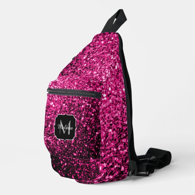 Hot pink faux glitter sparkles Monogram Sling Bag (Right Corner)
