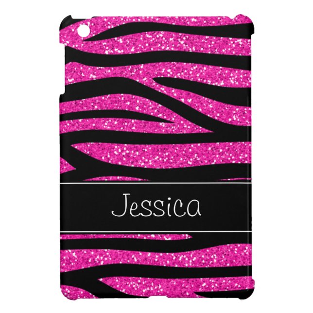 Hot Pink Faux Glitter Zebra Personalised iPad Mini Case (Back)