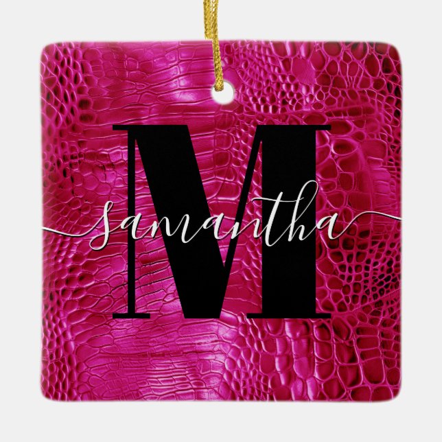 Hot Pink Faux Leather Monogram Photo Ceramic Ornament (Front)