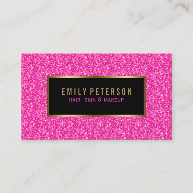 Hot Pink Fax Glitter With Black And Gold Accents Business Card (Front)