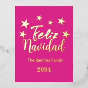 Hot Pink Feliz Navidad  Modern Christmas Family  Foil Holiday Postcard