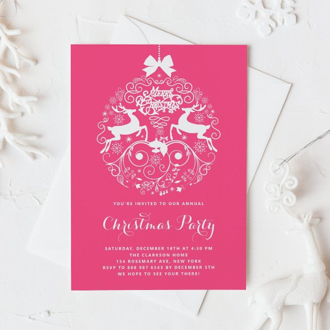 Hot Pink Festive Ornate Ornament Christmas Party Invitation (Creator Uploaded)