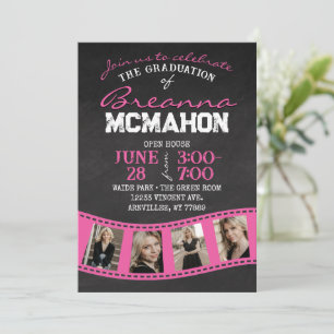 Hot Pink Filmstrip Chalkboard Grad Invitation