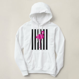 Hot Pink Flamingo on Black and White Stripes Hoodie