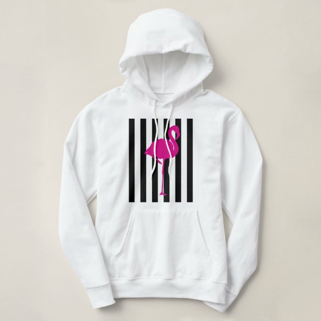 Hot Pink Flamingo on Black and White Stripes Hoodie (Design Front)