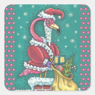 HOT PINK FLAMINGO SANTA CLAUS, CHRISTMAS STICKER