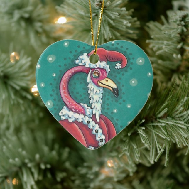 HOT PINK FLAMINGO SANTA, FUNNY CHRISTMAS BIRD 2019 CERAMIC TREE DECORATION (Tree)