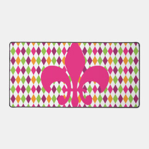 Hot Pink Fleur De Lis Diamond Pattern Desk Mat