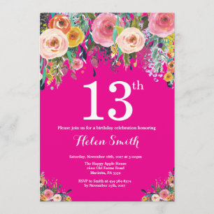 Hot Pink Floral 13th Birthday Invitation