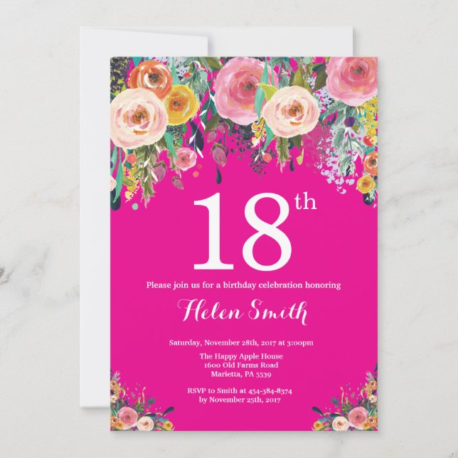 Hot Pink Floral 18th Birthday Invitation (Front)