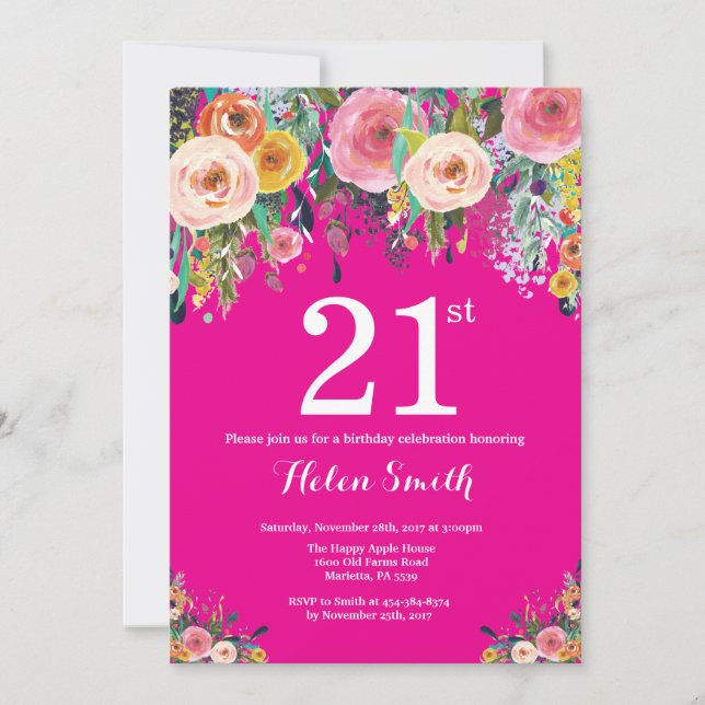Hot Pink Floral 21st Birthday Invitation (Front)