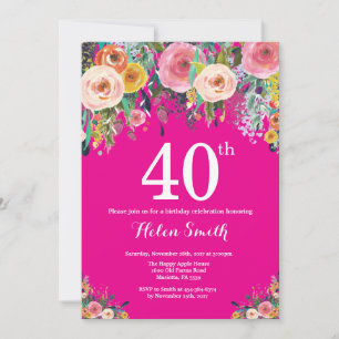 Hot Pink Floral 40th Birthday Invitation