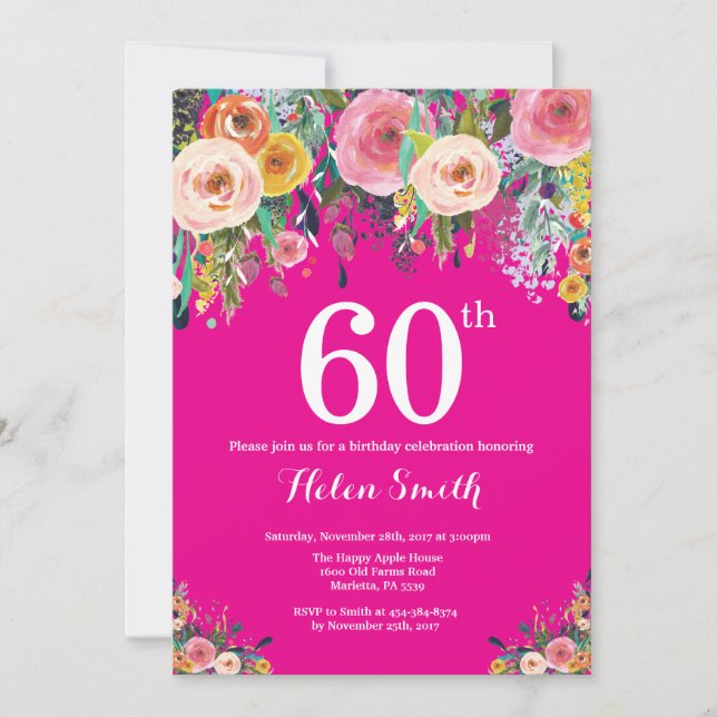 Hot Pink Floral 60th Birthday Invitation (Front)