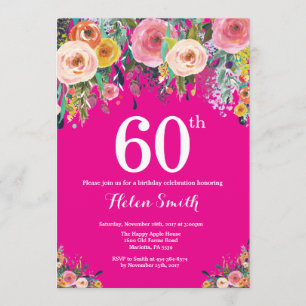 Hot Pink Floral 60th Birthday Invitation