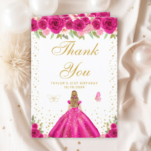 Hot Pink Floral Blonde Hair Girl Birthday Party Thank You Card
