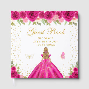 Hot Pink Floral Blonde Hair Princess Birthday  Guest Book