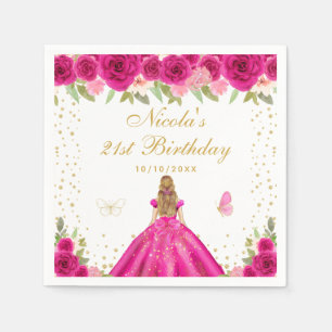 Hot Pink Floral Blonde Hair Princess Birthday Napkin