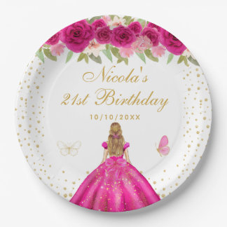 Hot Pink Floral Blonde Hair Princess Birthday  Paper Plate