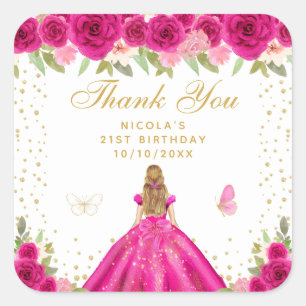 Hot Pink Floral Blonde Hair Princess Birthday  Square Sticker