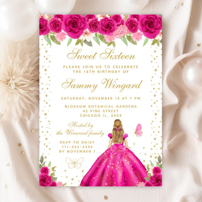 Hot Pink Floral Blonde Hair Princess Sweet Sixteen Invitation (Creator Uploaded)