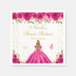 Hot Pink Floral Blonde Hair Princess Sweet Sixteen Napkin
