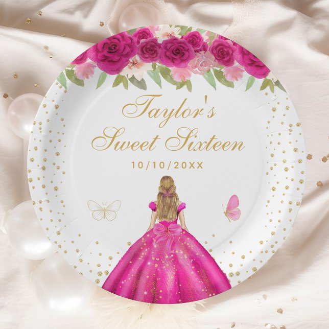 Hot Pink Floral Blonde Hair Princess Sweet Sixteen Paper Plate (Creator Uploaded)