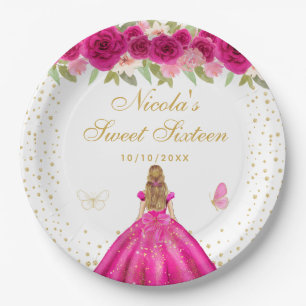 Hot Pink Floral Blonde Hair Princess Sweet Sixteen Paper Plate