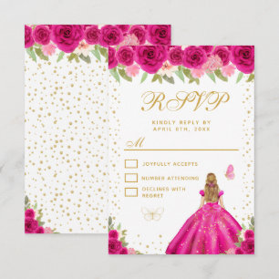 Hot Pink Floral Blonde Hair Princess Sweet Sixteen RSVP Card