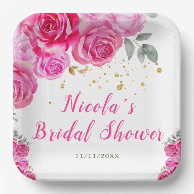 Hot Pink Floral Bridal Shower Paper Plate (Front)