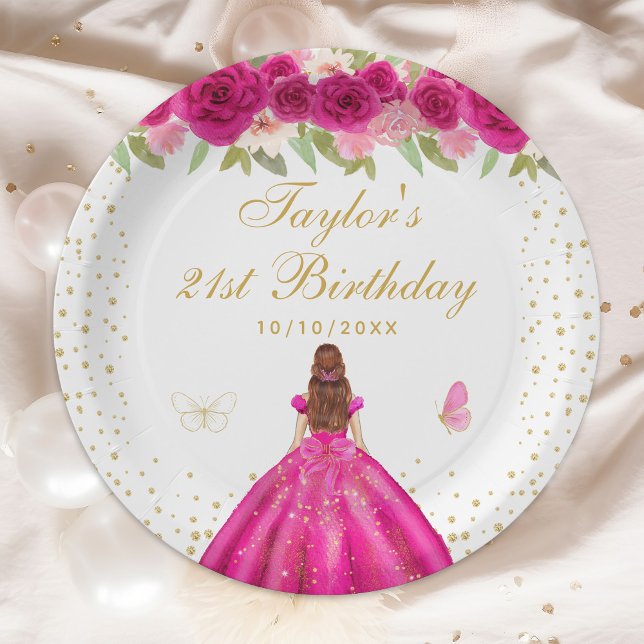 Hot Pink Floral Brown Hair Girl Birthday Party Paper Plate (Creator Uploaded)
