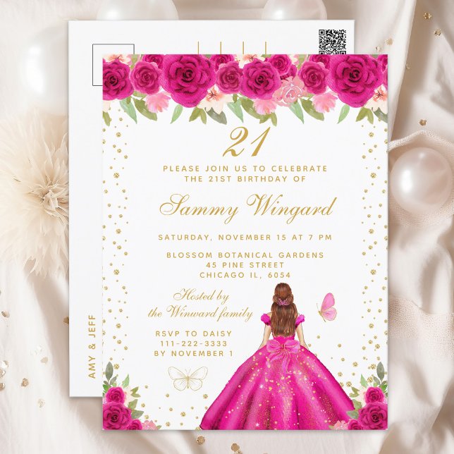 Hot Pink Floral Brown Hair Princess Birthday Party Postcard (Creator Uploaded)