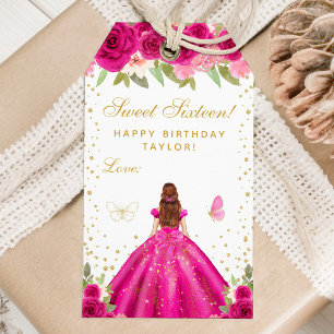 Hot Pink Floral Brown Hair Princess Sweet Sixteen Gift Tags