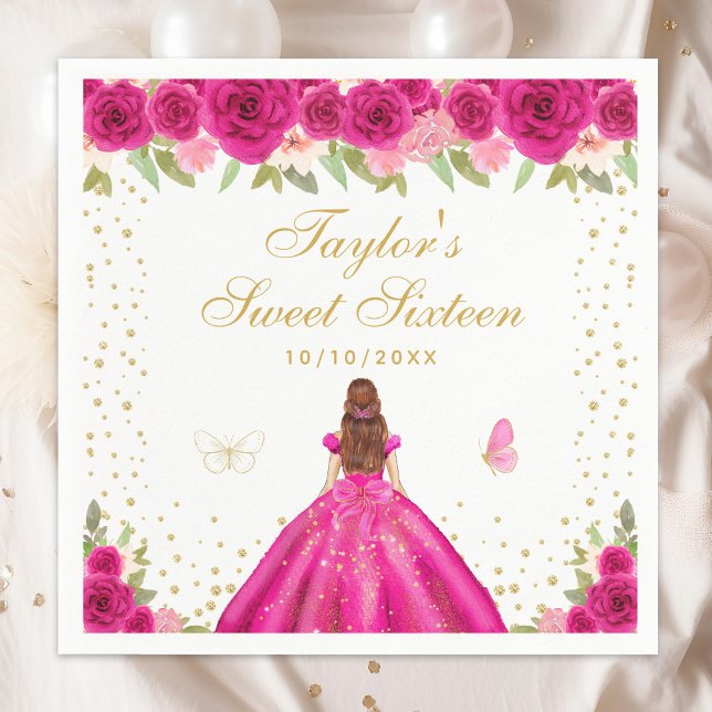 Hot Pink Floral Brown Hair Princess Sweet Sixteen Napkin (Creator Uploaded)