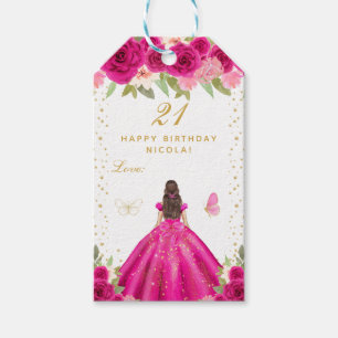 Hot Pink Floral Brunette Hair Girl Happy Birthday Gift Tags
