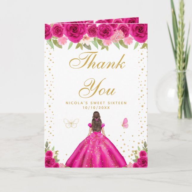 Hot Pink Floral Brunette Hair Girl Sweet Sixteen Thank You Card (Front)