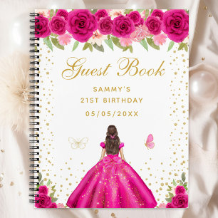 Hot Pink Floral Brunette Hair Princess Guest Book