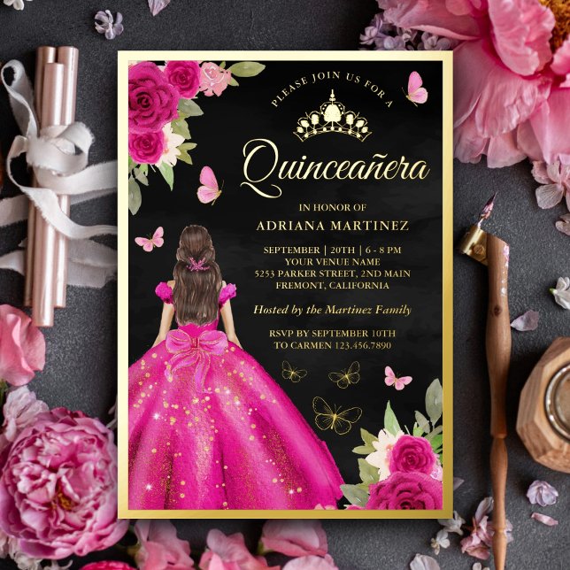 Hot Pink Floral Butterfly Black Quinceanera Gold (Creator Uploaded)