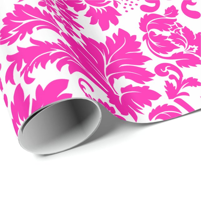Hot Pink Floral Damask Wrapping Paper (Roll Corner)