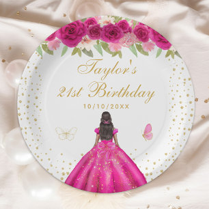 Hot Pink Floral Dark Skin Girl Birthday Party Paper Plate