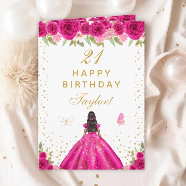Hot Pink Floral Dark Skin Girl Happy Birthday Card (Creator Uploaded)