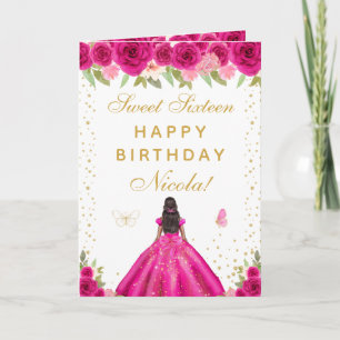 Hot Pink Floral Dark Skin Girl Sweet Sixteen Card