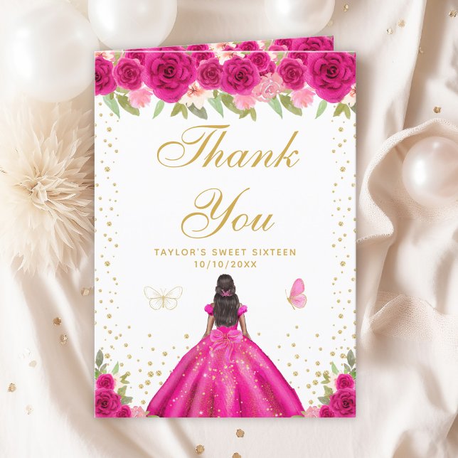 Hot Pink Floral Dark Skin Girl Sweet Sixteen Thank You Card (Creator Uploaded)